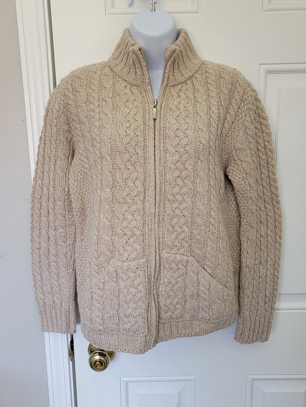 Inis Crafts Merino Wool Fisherman Sweater Womens M Beige Zip Up Cable Knit Aran